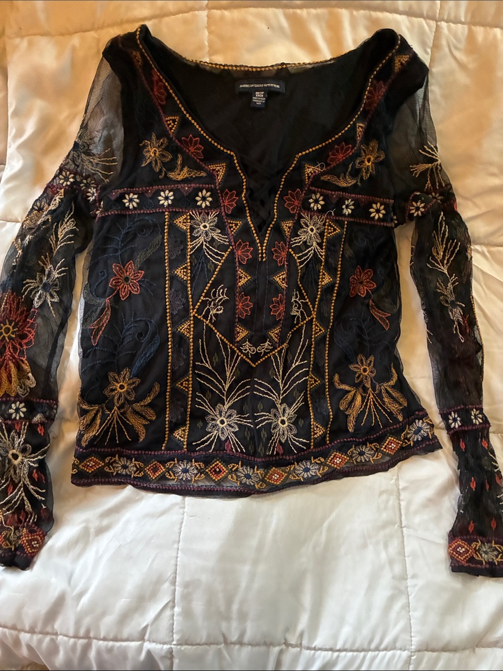 American Eagle Black Embroidered Sheer V-Neck Top xs